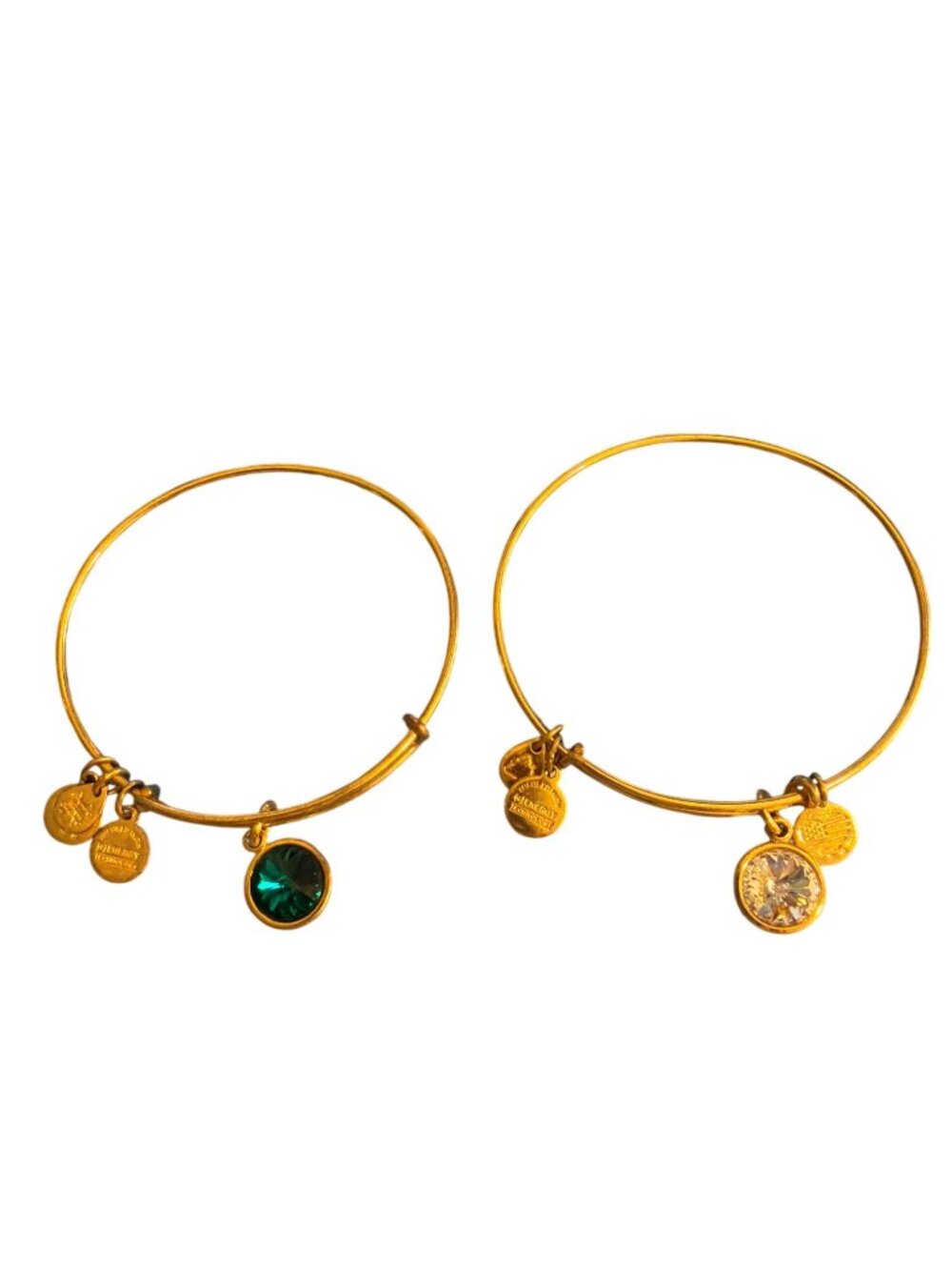 2 Alex And Ani Gold Tone Crystal Charm Bangle Bracelets Green Clear Crystal Adj - Picture 3 of 7
